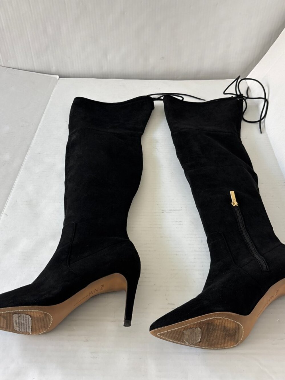 Neiman Marcus Black Suede Over the Knee Stiletto Boots Pointed Toe Tie Back 7.5M - Picture 11 of 14